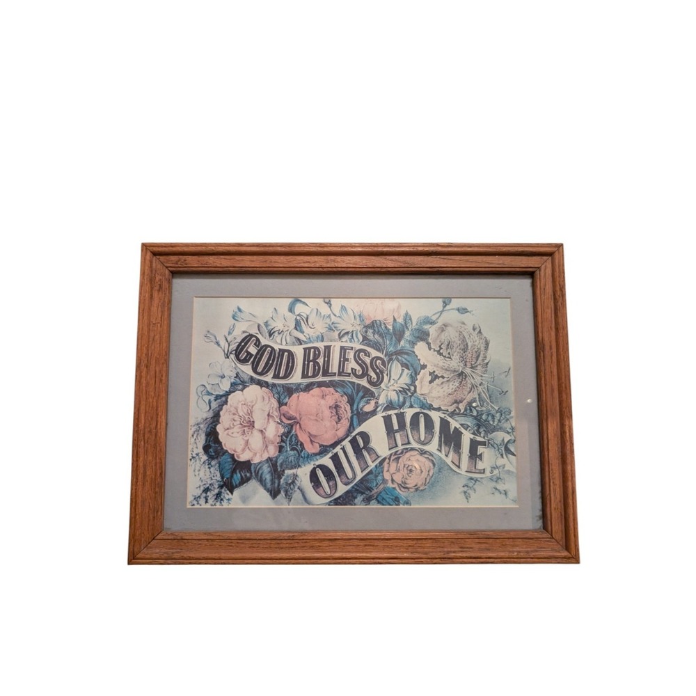 Vintage God Bless Our Home Victorian Floral Print Oak‎ Frame Wall Art 14x20